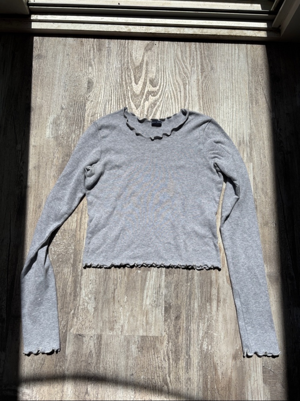 Brandy Melville Light Gray Ruffle-Edge Long Sleeve Top